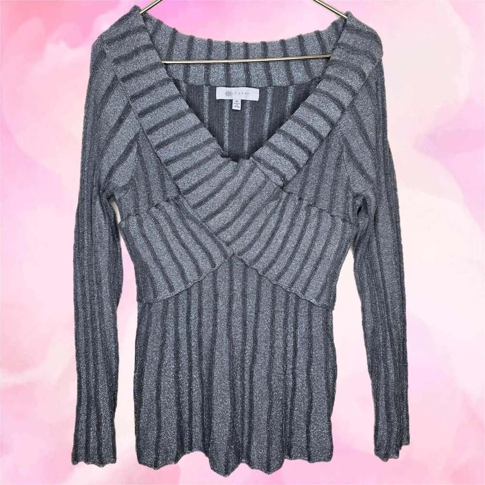 Fever Metallic Ribbed Knit Flared Sleeve Top